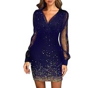AMhomely Womens Elegant Black Midi Dress Sexy V Neck Star Print Mini Dress Long Sleeve Mesh Pencil Dress Occasion Tunic Shirt Dress Ladies Sheer Sleeve Casual Summer Dresses Sale Clearance