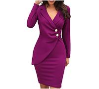 AMhomely Women's Elegant V-Neck Big Button Hem Split Slim Bodycon Casual Vintage Blazer Dress Ladies Work Office Occasion Retro Blazer Dress Color Block Cardigan Jackets A-Purple