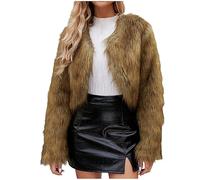 AMhomely Womens Faux Fur Coat Short Plus Size Cropped Furry Jacket Fluffy Coats For Dress Open Front Bolero Faux Fur Shrug Elegant Fake Fur Jacket Solid Soft Fuzzy Thick Winter Warm Jacket Brown M