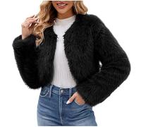 AMhomely Womens Faux Fur Coat Short Plus Size Cropped Furry Jacket Fluffy Coats For Dress Open Front Bolero Faux Fur Shrug Elegant Fake Fur Jacket Solid Soft Fuzzy Thick Winter Warm Jacket Black M