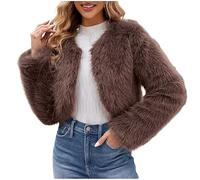 AMhomely Womens Faux Fur Coat Short Plus Size Cropped Furry Jacket Fluffy Coats For Dress Open Front Bolero Faux Fur Shrug Elegant Fake Fur Jacket Solid Soft Fuzzy Thick Winter Warm Jacket Coffee S