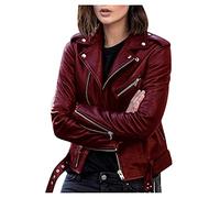 AMhomely Womens Faux Leather Biker Jacket Zip Up Motorcycle PU Moto Biker Outwear Slim Fitted Short Moto Jacket Turndown Neck Zipper Sleeve Coat Pockets 3XL 4XL 5XL Plus Size Wine, XXL
