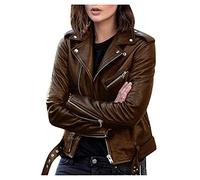 AMhomely Womens Faux Leather Biker Jacket Zip Up Motorcycle PU Moto Biker Outwear Slim Fitted Short Moto Jacket Turndown Neck Zipper Sleeve Coat with Pockets 3X 4X 5XL Plus Size Brown