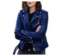 AMhomely Womens Faux Leather Biker Jacket Zip Up Motorcycle Short PU Moto Biker Outwear Slim Fitted Short Moto Jacket Turndown Neck Zipper Sleeve Biker Coat with Pockets, Blue, L