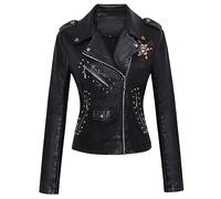 AMhomely Women's Faux Leather Jacket Floral Embroidered PU Leather Coats Long Sleeve Lapel Fitted Coats Slant Zipper Cropped Jacket Retro Punk PU Ladies Lapel Windproof Biker Black XXL