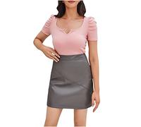 AMhomely Women's Faux Leather Skirts Above Knee Pu Leather Mini Skirt High Waisted PU Skirts Curve Hem Stretchy Pencil Bodycon Short Motorcycles Fake Grey M