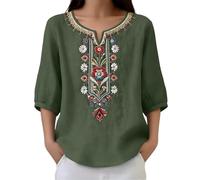 AMhomely Womens Floral Embroidered Shirt-Ladies Cotton Linen Tops,Plus Size Oversized Tunic Tops,3/4 Sleeve Boho Blouse,Mexican Ethnic 'Stee Shirts,Elegant Gooing Out Dressy Tops,Party A Army Green M