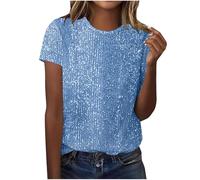 AMhomely Womens Full Sequin Tops Sparkly Short Sleeve Crewneck Shiny Shirts Glitter Blouses Dressy Party Concert Outfits Lightweight Glitter Tunic Party Night Going Out Tops Sky Blue