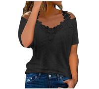 AMhomely Womens Going Out Cold Shoulder Tops Lace Short Sleeve Blouse V Neck Eyelet Tunic Tops Shirts Elegant Party Tees Shirts Solid Summer Off Shoulder Blouse Holiday Party Dressy Tops Black XXL