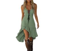 AMhomely Women's Gothic Western Midi Dress - Vintage Cowgirl Sleeveless Sundress with Cross V Neck & Ruffled Hem (UK, Alpha, S, Regular, Regular, Green Light)