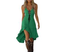 AMhomely Women's Gothic Western Midi Dress - Vintage Cowgirl Sleeveless Sundress with Cross V Neck & Ruffled Hem (UK, Alpha, S, Regular, Regular, Green)