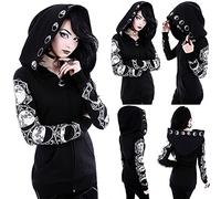 AMhomely Womens Gothic Witchcraft Hooded Zipper Pullover Cardigan Long Sleeve Punk Hoodie Jacket Mid Long Sweatshirt Punk Style Streetwear Hoodies Fashion Print Zipper Pocket Sweatshirts, M