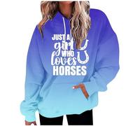 AMhomely Women's Gradient Hoodies Long Sleeve Tops For Women Uk Just A Girl Who Loves Horses Letter Print Hooded Pullover Tops Shirts With Pocket Loose Casual Tee Shirts Funny Tee Blue S