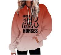 AMhomely Women's Gradient Hoodies Long Sleeve Tops For Women Uk Just A Girl Who Loves Horses Letter Print Hooded Pullover Tops Shirts With Pocket Loose Casual Tee Shirts Funny Tee Red S