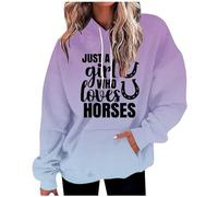 AMhomely Women's Gradient Hoodies Long Sleeve Tops For Women Uk Just A Girl Who Loves Horses Letter Print Hooded Pullover Tops Shirts With Pocket Loose Casual Tee Shirts Funny Tee Purple S