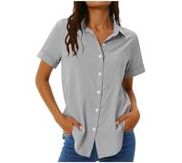 AMhomely Womens Hiking Shirts Short Sleeve Sun Protection Tops Quick Dry Button Down Shirts Turn Down Collar Zip Pocket Safari Shirt Blouse Gray