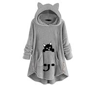 AMhomely Women's Hoodie Ladies Casual Coat Jackets Womens Long Hoodie Cute Pattern Cat Ear Fleece Hooded Blanket Dress Warm Loose Hooded Pockets Pullover