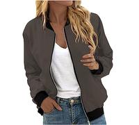 AMhomely Womens Jacket With Pocket Long Sleeve Zipper Coats Solid Baseball Jacket Zip Up Casual Coats Round Neck Classic Cardigan Outwear Ladies Open Front Tops Brown M