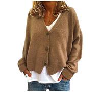 AMhomely Women's Knit Cardigan Open Front Sweater Coat Long Sleeve Button Down Cardigan V Neck Casual Jumper Coats Solid Loose Cropped Knitwear Chunky Knitted Sweater Plus Size Khaki XL