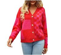 AMhomely Women's Knitted Cardigan Sweater Ladies Soft Knit Cardigans Long Sleeve Colorblock Open Front Jumper V Neck Button Up Knit Sweater Plaid Knitted Coats Short Casual Jacket Knitwear Red XL