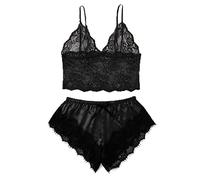 AMhomely Womens Lace Pajamas Sets Crochet Lace Bras Shorts Loungewear Crop Vest with Elastic Shorts Homewear Sets V Neck Cami Tops with Bottoms Nightwear Ladies Sexy Satin Pajamas Black S