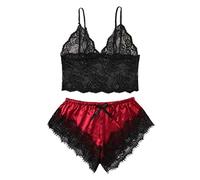 AMhomely Womens Lace Pajamas Sets Crochet Lace Bras Shorts Loungewear Crop Vest with Elastic Shorts Homewear Sets V Neck Cami Tops with Bottoms Nightwear Ladies Sexy Satin Pajamas Red 3XL