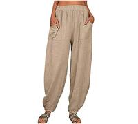 AMhomely Women's Linen Pants Plain Tracksuit Bottoms Harem Joggers Pants with Pockets Tapered Leg Sweatpants Running Workout Casual Lounge Wear