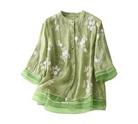 AMhomely Womens Linen Shirts and Blouses UK Ladies Summer Tops Shirts Embroidery Mesh Button Down Tunic Tops Elegant Party Tee Shirts Grandad Collar Pullover Blouse Casual Office Shirts Green XXL