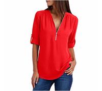 AMhomely Womens Long Sleeve Blouses Elegant Party Shirts Ladies Summer Long Sleeve Shirts Zip Casual Tunic V-Neck Rollable Blouse Tops UK Size Occasion Tops