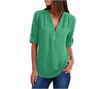 AMhomely Womens Long Sleeve Blouses Elegant Party Shirts Ladies Summer Long Sleeve Shirts Zip Casual Tunic V-Neck Rollable Blouse Tops UK Size Occasion Tops