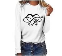 AMhomely Womens Long Sleeve Graphic Tees Ladies Graphic Sweatshirt Dog Paw Graphic Print T-Shirt Heart Pattern Funny Novelty Tshirts Crew Neck Casual Tee Shirt Cute Animal Pullover Tops White XL