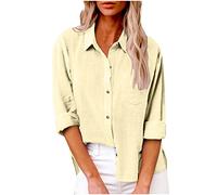 AMhomely Women's Long Sleeve Solid Plus Size Shirts Button Down Tunic Tops Vintage Cotton Linen Tee Shirts Oversized Pullover Blazer Ladies Work Tops Yellow S