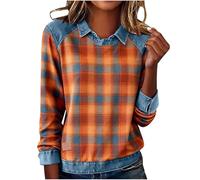 AMhomely Womens Long Sleeve Sweatshirt-Denim Collar Blouses,Vintage Checked Pullover Jumpers,Elegant Dress Casual Shirts,Loose Plaid Tees Tops,Office Work Going Out D Orange XL