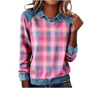 AMhomely Womens Long Sleeve Sweatshirt-Denim Collar Blouses,Vintage Checked Pullover Jumpers,Elegant Dress Casual Shirts,Loose Plaid Tees Tops,Office Work Going Out E Pink XL