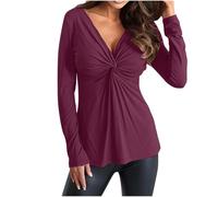 AMhomely Women's Long Sleeve Tops Spring Women Fashion V-Neck Long Sleeve Solid Color Sexy Casual Tee Tops UK Size Elegant Shirts Blouses Tunic Tops Loose Baggy Shirt Clearance, 01 Wine, M