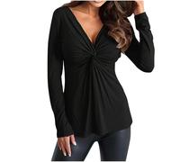 AMhomely Women's Long Sleeve Tops Spring Women Fashion V-Neck Long Sleeve Solid Color Sexy Casual Tee Tops UK Size Elegant Shirts Blouses Tunic Tops Loose Baggy Shirt , 01 Black, L