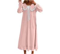 AMhomely Women's Nightdress Long Sleeve Nightshirt Ladies Cute Peter Pan Collar Princess Nightgown Ruffle Sleepwear Sleepshirts Pink