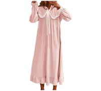 AMhomely Women's Nightdress Long Sleeve Nightshirt Ladies Cute Round Collar Princess Nightgown Ruffle Sleepwear Sleepshirts Pink