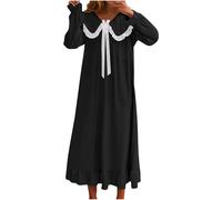 AMhomely Women's Nightdress Long Sleeve Nightshirt Ladies Teen Girls Cute Peter Pan Collar Princess Nightgown Ruffle Sleepwear Sleepshirts Black