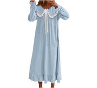 AMhomely Women's Nightdress Long Sleeve Nightshirt Ladies Teen Girls Cute Peter Pan Collar Princess Nightgown Ruffle Sleepwear Sleepshirts Blue