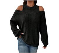 AMhomely Womens Off Shoulder Jumper Loose Ladies Tops Casual Knitted Sweater Cold Shoulder Ribbed Top Solid Turtleneck Cutout Tunic Tops Blouse Ballon Sleeve Elegant T Shirts Knitwear Black XL