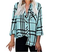 AMhomely Womens Oversized Checked Shirts UK Plus Size Long Sleeve T Shirts Women Stripe Button Down Smart Casual Blouse Tops Elegant Loose Fit Plaid Shirts Tee Tops Plus Size Dress Blouse Blue 4XL