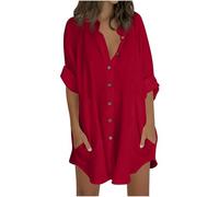 AMhomely Women's Oversized Linen Shirts Plus Size Button Down Blouses Tops 3/4 Sleeve Button Up Mid-Long Shirts V Neck Work Plain Tops Tunic Tee Mini Dressy Blouse Casual Office Red XL