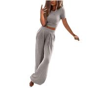 AMhomely Womens Pajamas Sets Ribbed Knitted 2 Piece Sets Short Sleeve Tops w/ Pleated Long Trousers Casual Outfits Lounge Suits Y2K Homewear Sets Comfort Soft Outfits ForLiving Room Gray L，01 Grey