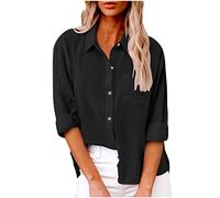 AMhomely Women's Plus Size Blouse Tops Cotton Linen Shirts Long Sleeve Button Down Blouse Lapel Tunic Tops Casual Business Office Tshirts Oversized Autumn Black S