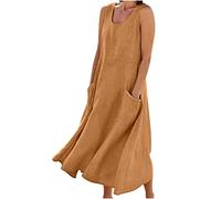 AMhomely Womens Plus Size Cotton Linen Casual Oversized Tunic Dress Summer Dress Pockets Sleeveless Beach Sun Crewneck Solid A-line Dresses Elegant Swing Holiday Party 01 Khaki 4XL