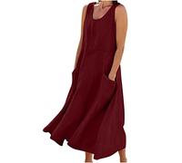 AMhomely Womens Plus Size Cotton Linen Casual Oversized Tunic Dress Summer Dress Pockets Sleeveless Beach Sun Crewneck Solid A-line Dresses Elegant Swing Holiday Party 01 Wine 5XL