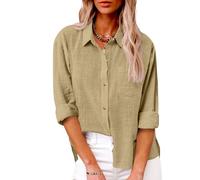 AMhomely Womens Plus Size Long Sleeve Blouse Summer Cotton Linen Shirts with Breasted Pocket Plain Baggy Classic Tunic Tops Lapel Button Down Tee Shirts Vintage Tshirts Holiday Vacation 04 Khaki M