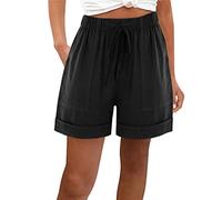 AMhomely Women's Plus Size Summer Shorts with Pocket Elastic High Waist Cotton Linen Wide Legs Drawstring Shorts Black 3XL