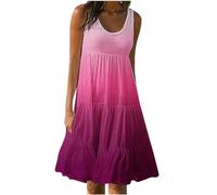 AMhomely Women's Round Neck Sleeveless Gradient Tie Dye Beach Dress Boho Knee Length Dress Plus Size Casual Dresses Pleated Tunic Elegant Party Swing Loose Skate Dresses Hot Pink M